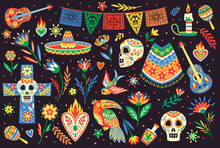 Dia De Los Muertos Or Day Of Dead Holiday. Traditional Stickers With Sombrero, Guitar, Skull And Floral Ornament. Halloween In Mexico. Cartoon Flat Vector Collection Isolated On Black Background