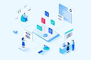 Leinwandbilder - Web development 3d isometric design. People designers create and optimize code, programming at java script, settings pages, build site layouts and places navigation buttons. Web illustration