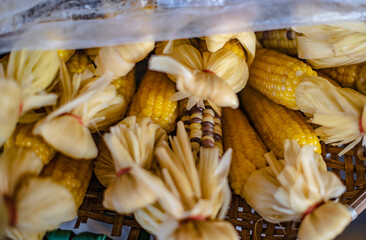 Wall Mural - Boiled corn placed on bamboo baskets tied in bundles with rubber bands for sale in Ban Na Kluea Market, Pattaya, Thailand.