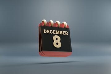 Aufkleber - Standing black and red month lined desk calendar with date December 8. Modern design with golden elements, 3d rendering illustration. Blue gray background..