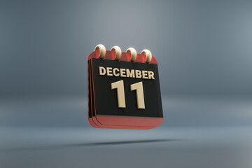 Aufkleber - Standing black and red month lined desk calendar with date December 11. Modern design with golden elements, 3d rendering illustration. Blue gray background..