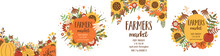 Harvest Festival Posters Set. Autumn Fest Banner Collection. Cute Pumpkin, Sunflower Fall Leaves. Autumn Harvest Market Invitation Collection. Vector Illustration. Local Food Poster Design.