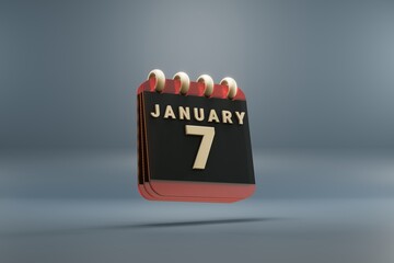 Standing black and red month lined desk calendar with date January 7. Modern design with golden elements, 3d rendering illustration. Blue gray background..