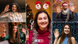 © master1305 - PC screen views of young happy people, men and women during online celebration New Year and Christmas holidays. Using digital modern technology.