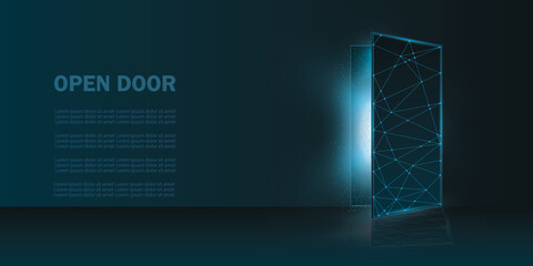 Wall Mural - Open door in low poly wireframe style modern vector illustration with dots, lines and lights.