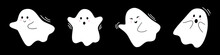 Vector Halloween Set With Cute Ghosts. Flying Spirits In Flat Design. White Phantoms On Black Background. Doodle Ghosts.