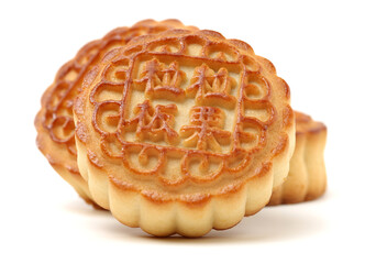 Sticker - Mid-Autumn Festival moon cake on white background（Non-English texts translation :Five kernels, purple potato, chestnut）