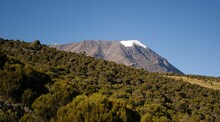 Scenic Shot Of Mount Kilimanjaro In Tanzania Surrounded By Dense Green Vegetation