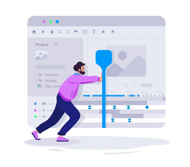 Poster - Motion designer man working moving slider in video editor. Slow render