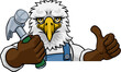 An eagle cartoon animal mascot carpenter or handyman builder construction maintenance contractor peeking around a sign holding a hammer and giving a thumbs up