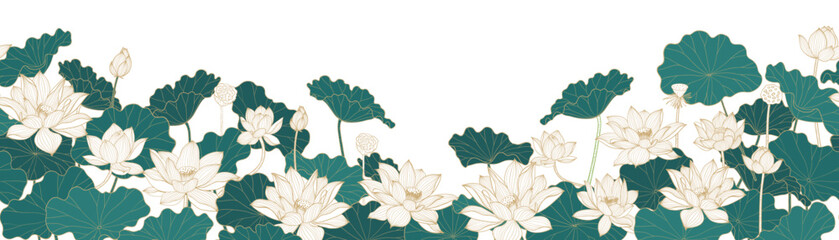 Wall Mural - Luxury gold lotus background vector. Zen wallpaper with golden lotus flower, leaves in gold line art. Luxury botanical illustration design for yoga banner, invitation banner, product packaging.