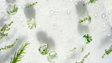 Wet Off White Water Background With Melting Balls Of Ice With Frozen Herbs. Rosemary, Oregano And Thyme Plants. Frozen Plants Inside Pieces Of Ice. Direct Natural Sunlight With Shadows.