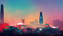 Seoul Cityscape At Evening With Colorful Sky