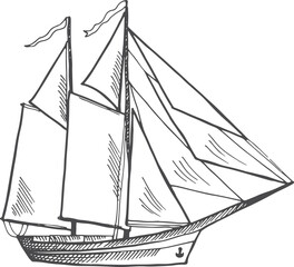 Sticker - Sailing ship engraving. Hand drawn brigantine icon