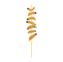 Wooden stick with fried caterpillars flat vector illustration isolated on white. Edible insects as alternative food. 