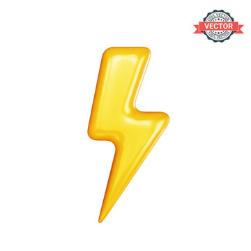 Lightning bolt icon. Conceptual sign of thunderstorm, electricity, battery or electric vehicle. Realistic 3D vector illustration on white background