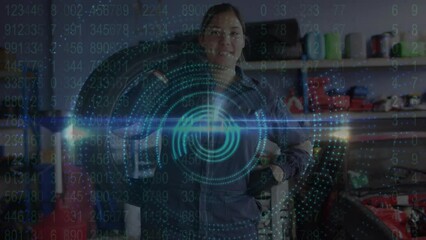 Poster - Animation of pattern with data over caucasian female auto mechanic holding tire in repair shop