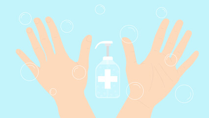 Two hands , front and back view , bottle of liquid soap in the middle surrounded by  white bubbles  in a light blue background, minimalist style vector 