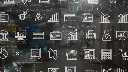 Poster - Animation of business icons over mathematical equations