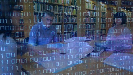 Poster - Animation of security icons and data processing over hands with business people wearing headsets
