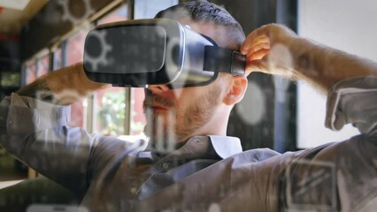 Poster - Animation of scope scanning with data processing and icons over caucasian man using vr headset