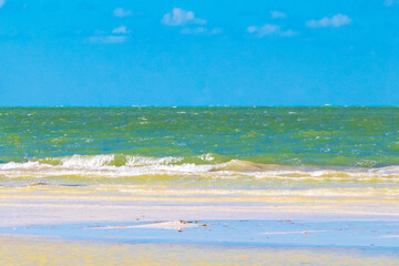 Beautiful Holbox island beach sandbank panorama turquoise water waves Mexico.