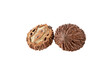 Two Eastern American black walnut friuts isolated transparent png. Whole and opened Juglans nigra nuts