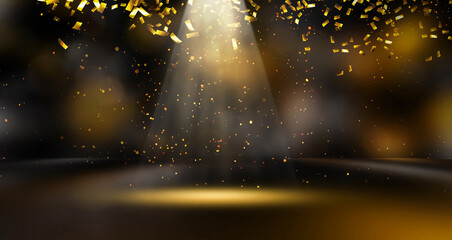 golden confetti rain on festive stage with light beam in the middle, empty room at night mockup with