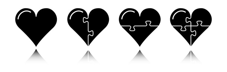 Wall Mural - Puzzle pieces heart sign vector illustration. Variation of love hearts design and broken hearts isolated on white. Love concept heart set. 
