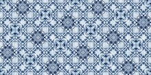 Indigo Dye Wash Coastal Damask Seamless Border Pattern. Washed Out Geometric Dip Dyed Blur Effect Edging. Nautical And Marine Ocean Blue Masculine Endless Tape Background With Linen Texture Trim.