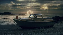 Old Derelict Boat Abandoned By Beach Shore Moonlight Ocean. Old abandoned derelict boat by the ocean under moonlight.