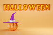 3D illustration festival halloween concept,halloween orange balloon text and pumpkin wearing a purple hat on orange background,copy space 3D randering for greeting card