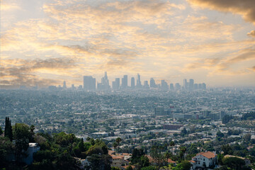 Beautiful Los Angeles California downtown skyline epic blue and yellow sky. View from the Hollywood hills