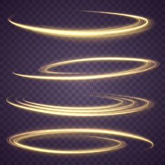 Golden glowing shiny spiral lines effect. Curved yellow line light. Glittering wavy trail. Swirling glow dynamic neon circles. Rotating shining rings. Shine magic gold swirl with flare sparkles Vector