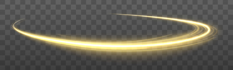 Aufkleber - Golden glowing shiny spiral lines effect. Curved yellow line light. Glittering wavy trail. Swirling glow dynamic neon circles. Rotating shining rings. Shine magic gold swirl with flare sparkles Vector