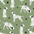 Cute Dalmatian dog seamless pattern on sage green background vector illustration