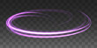 Abstract light lines of movement and speed with purple flare sparkles. Shine swirl magic line trail. Glowing violet circle, semicircular wave. Glow neon ring trace. Glittering shimmer spiral. Vector