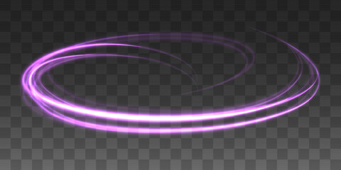 Abstract light lines of movement and speed with purple flare sparkles. Shine swirl magic line trail. Glowing violet circle, semicircular wave. Glow neon ring trace. Glittering shimmer spiral. Vector