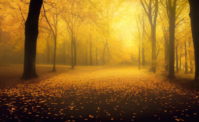 Wall Mural - misty autumn park alley perspective with yellow trees and golden fog, landscape with magical atmosph