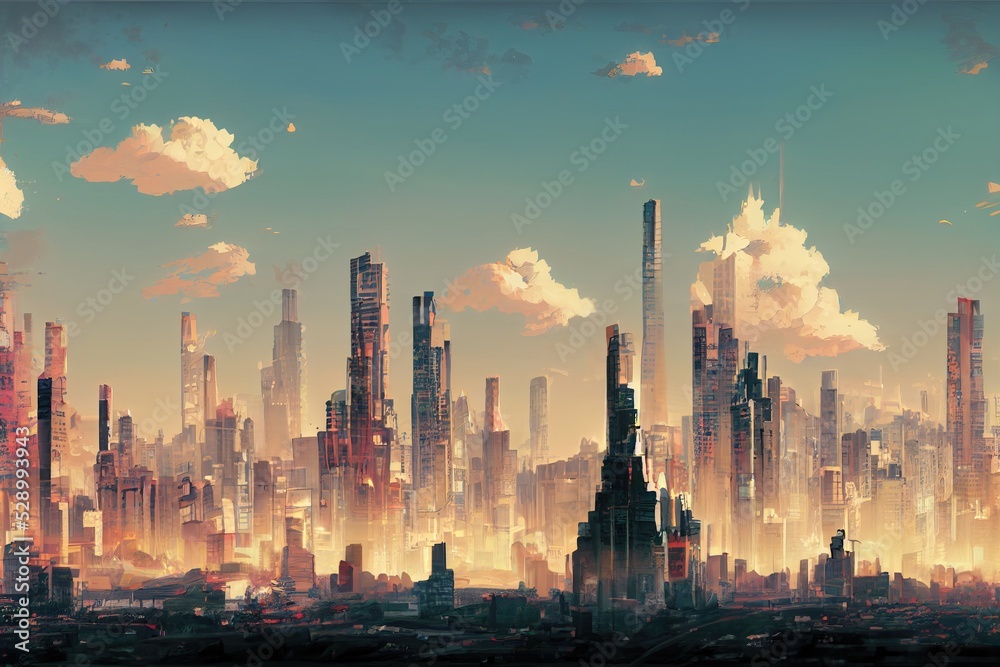 Landscape of a futuristic city in anime style illustration. Generative ...