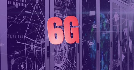 Poster - Animation of 6g text and network of connections over server room
