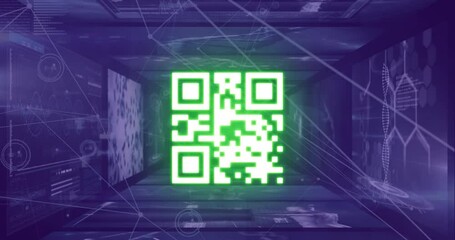 Poster - Digital animation of glowing qr code against glowing neon blue tunnel on black background