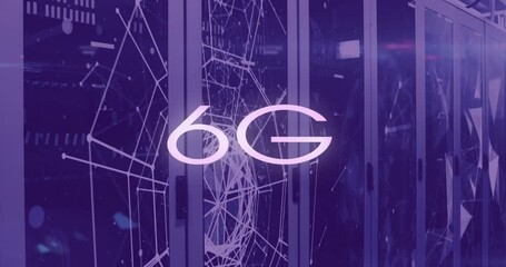 Poster - Animation of 6g text and network of connections over server room