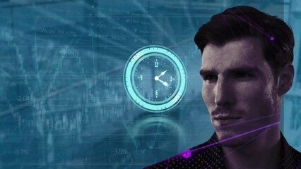 Poster - Animation of moving clock and financial data processing with caucasian businessman over empty office