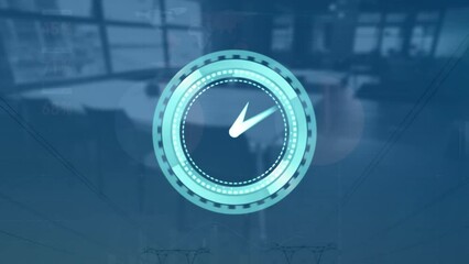 Poster - Animation of moving clock and financial data processing over empty office