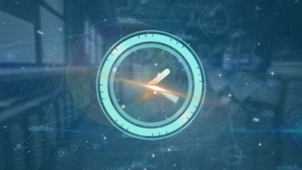 Poster - Animation of moving clock and network of connections with data processing over empty office