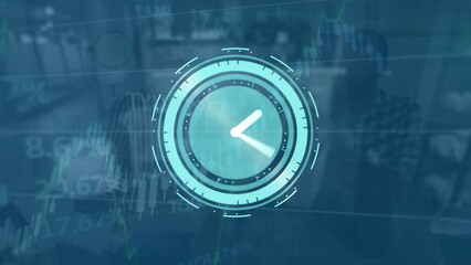 Poster - Animation of moving clock and financial data processing over diverse business people at office