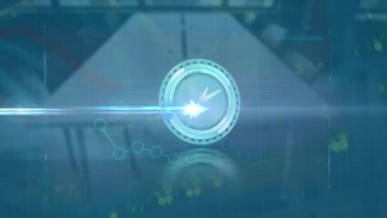 Poster - Animation of moving clock and financial data processing over empty office