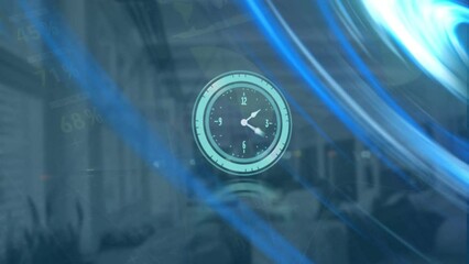Poster - Animation of moving clock and financial data processing with light trails over empty office