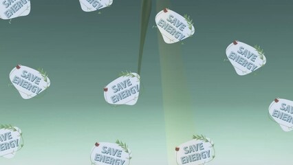 Poster - Animation of save energy text with icons over wind turbines